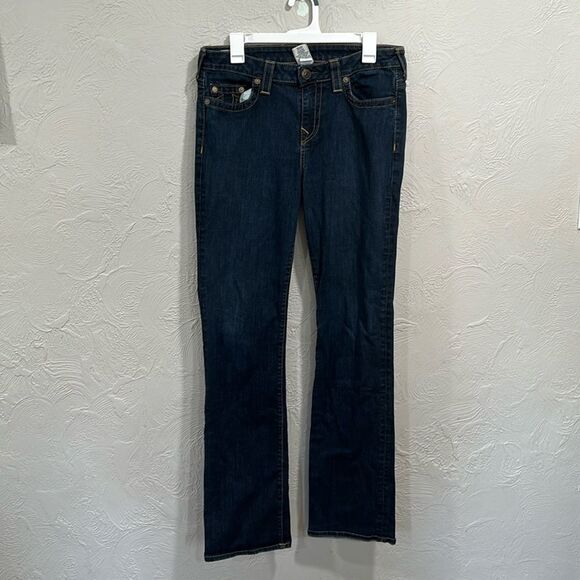True Religion Avery Straight Leg Yellow Stitch Stretch Jeans Women’s Size 32 - Picture 1 of 8